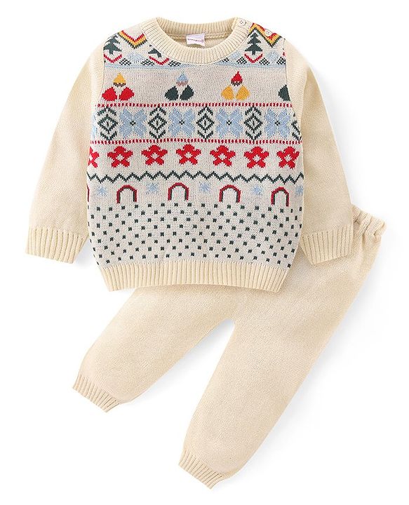 Babyhug Knitted Full Sleeves Pullover Sweater & Pant Set With Floral Design - Cream