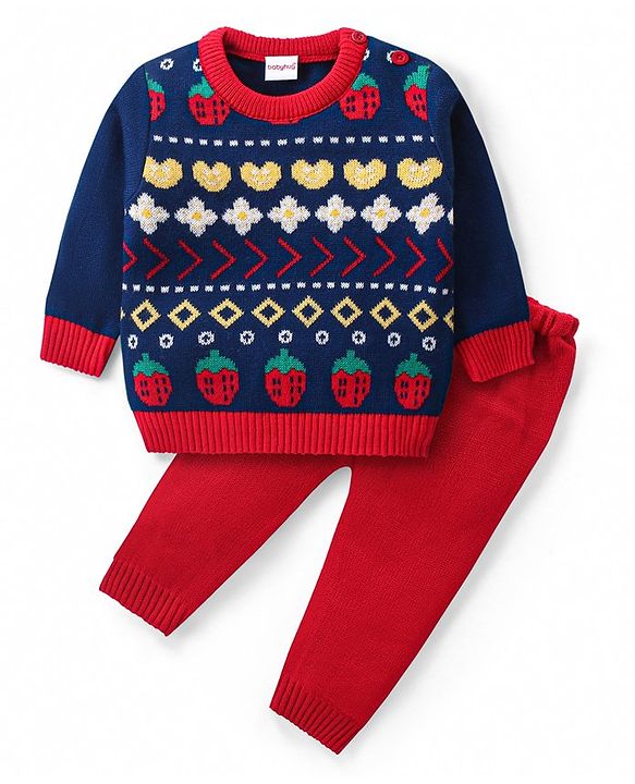 Babyhug Knitted Full Sleeves Sweater Set with Strawberries & Floral Design - Navy Blue & Red