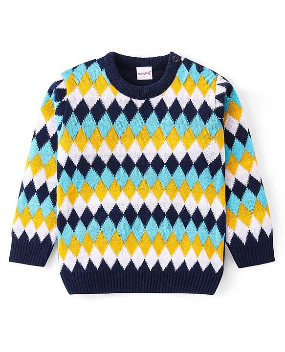 Babyhug Knitted Full Sleeves Pullover Sweater with Chevron Design - Navy Blue