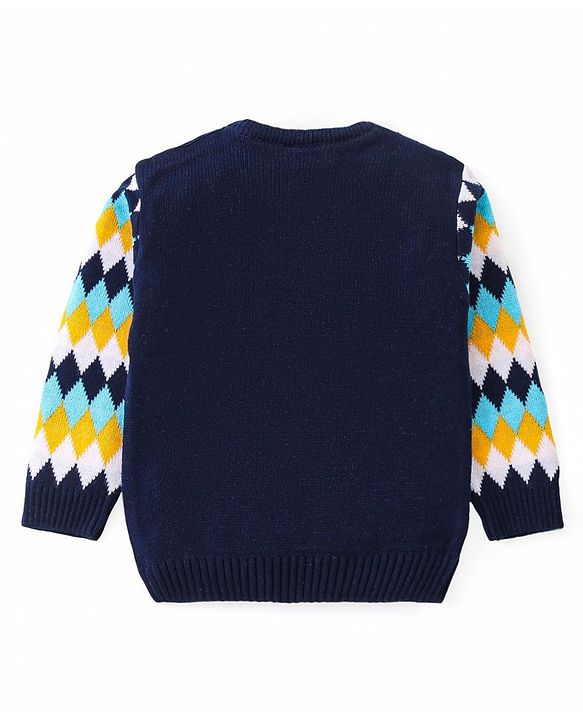 Babyhug Knitted Full Sleeves Pullover Sweater with Chevron Design - Navy Blue