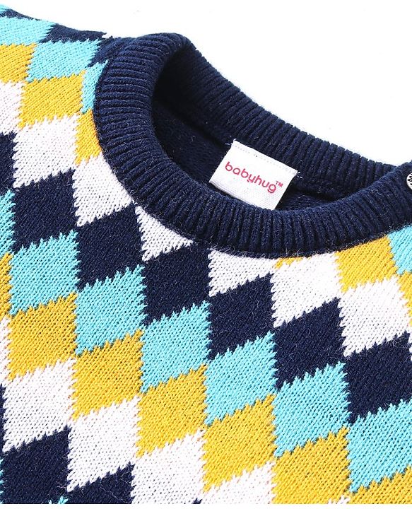 Babyhug Knitted Full Sleeves Pullover Sweater with Chevron Design - Navy Blue