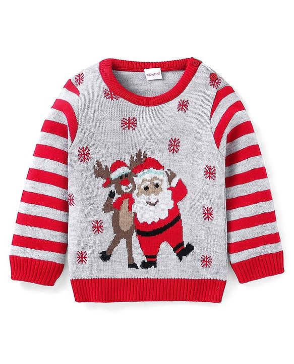 Babyhug Knitted Full Sleeves Pullover Sweater with Stripes & Christmas Theme Design - Grey & Red