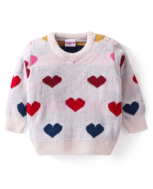 Babyhug Knitted Full Sleeves Pullover Sweater With Hearts Design - Multicoour