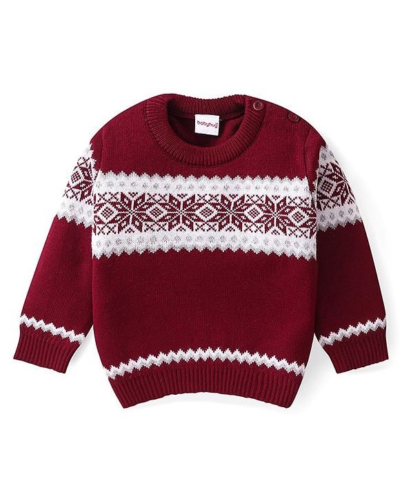 Babyhug Knitted Full Sleeves Pullover Sweater with Floral Design - Maroon
