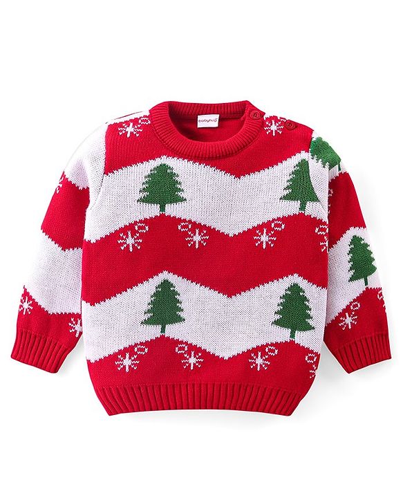 Babyhug Knitted Full Sleeves Pullover Sweater with Stripes & Snow Flakes Design - Red