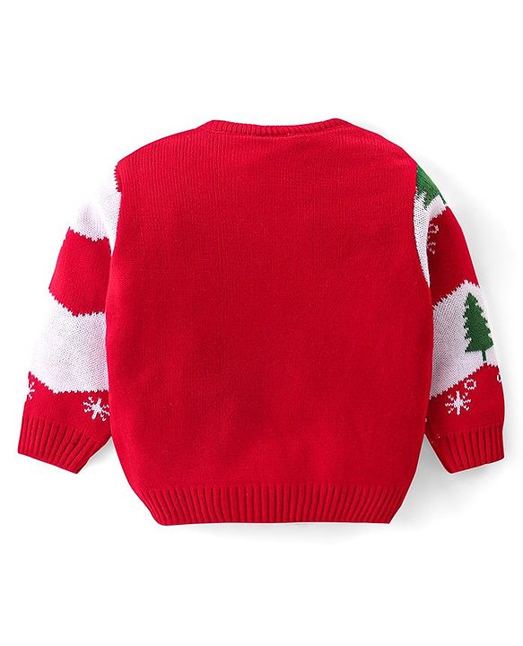 Babyhug Knitted Full Sleeves Pullover Sweater with Stripes & Snow Flakes Design - Red