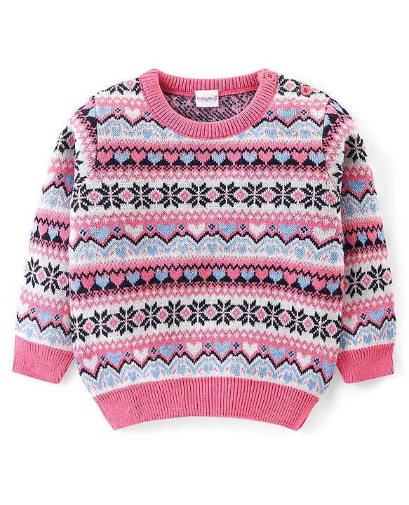 Babyhug Knitted Full Sleeves Pullover Sweater with Aztec Design - Pink