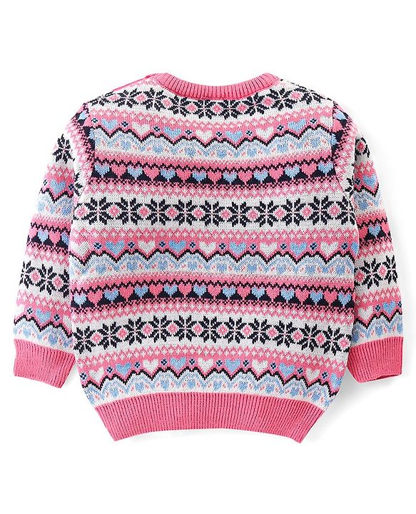 Babyhug Knitted Full Sleeves Pullover Sweater with Aztec Design - Pink