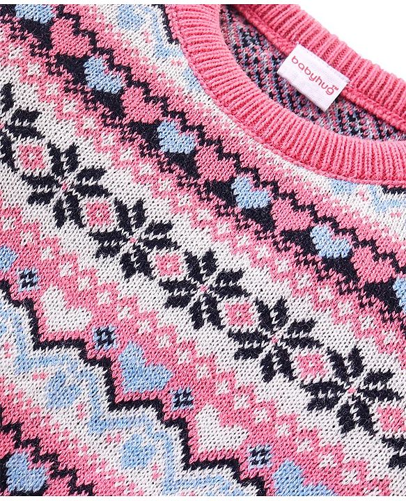 Babyhug Knitted Full Sleeves Pullover Sweater with Aztec Design - Pink
