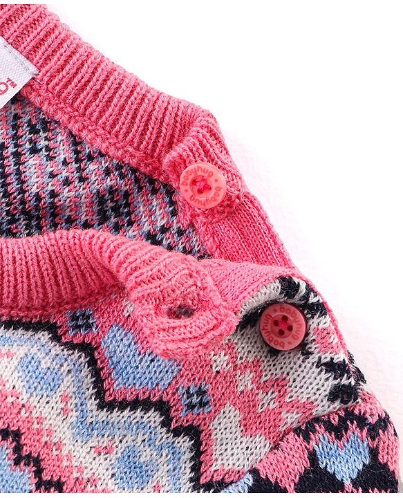 Babyhug Knitted Full Sleeves Pullover Sweater with Aztec Design - Pink