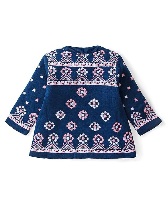 Babyhug Knitted Full Sleeves A-Line Woollen Dress With Floral Design - Navy Blue