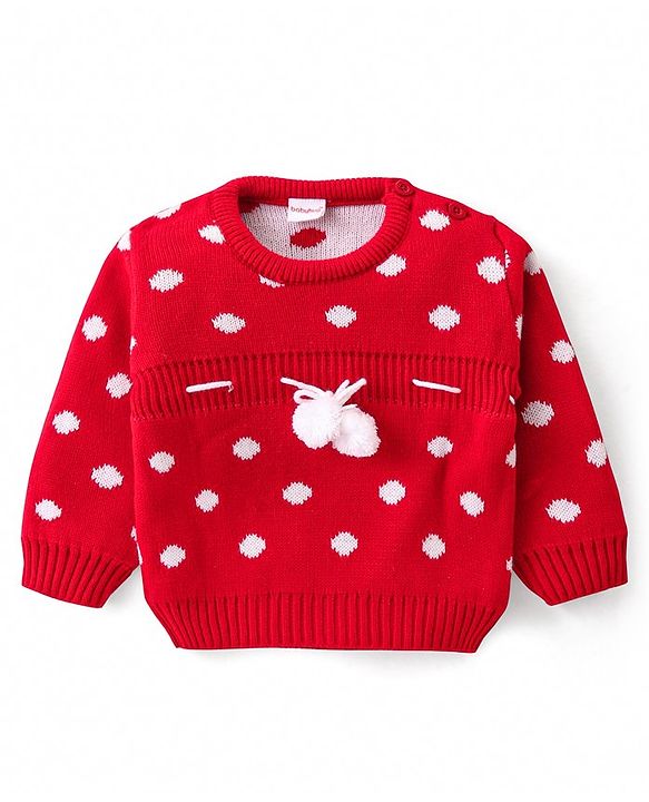 Babyhug Knitted Full Sleeves Pullover Sweater With Polka Dot Design & Pom Pom Applique - Red