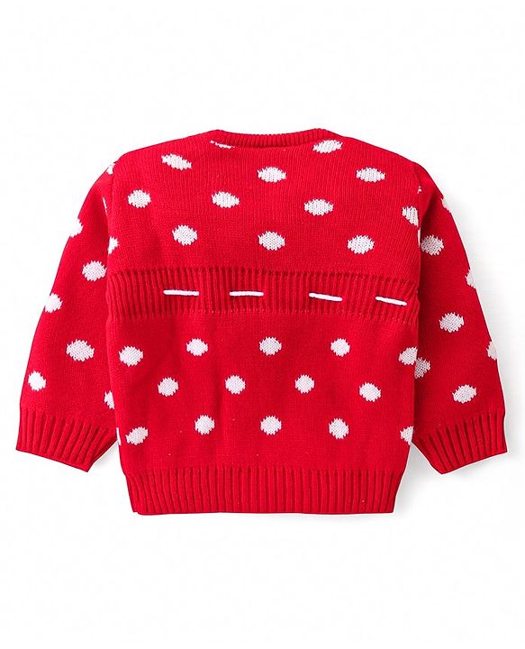 Babyhug Knitted Full Sleeves Pullover Sweater With Polka Dot Design & Pom Pom Applique - Red
