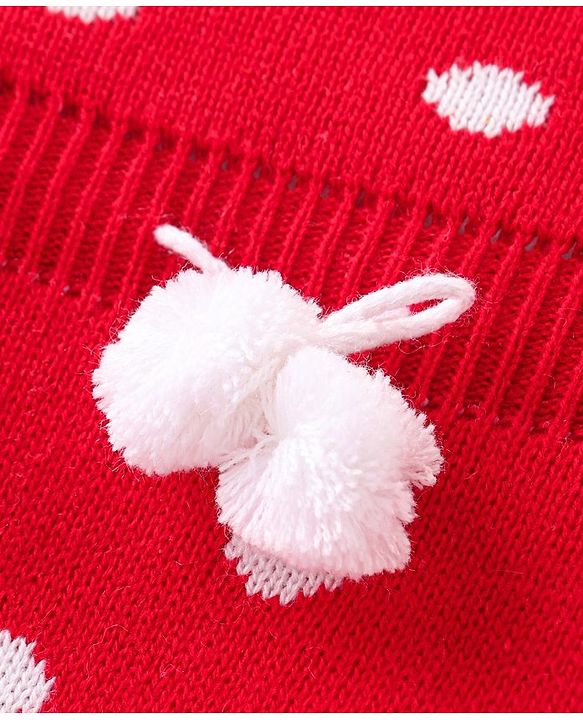 Babyhug Knitted Full Sleeves Pullover Sweater With Polka Dot Design & Pom Pom Applique - Red