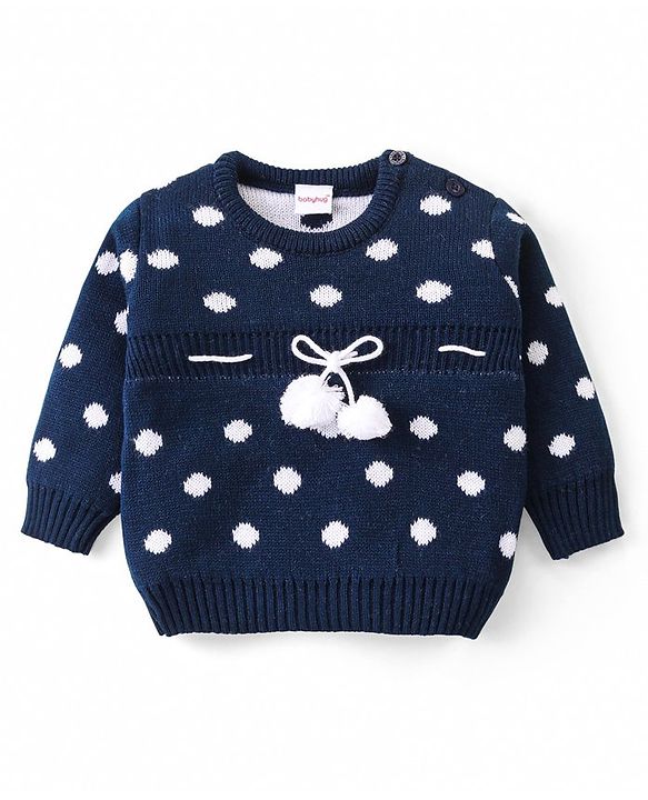 Babyhug Knitted Full Sleeves Pullover Sweater with Polka Dots Design & Pom Pom Applique - Navy Blue