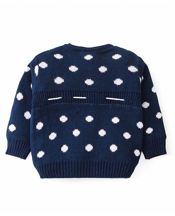Babyhug Knitted Full Sleeves Pullover Sweater with Polka Dots Design & Pom Pom Applique - Navy Blue