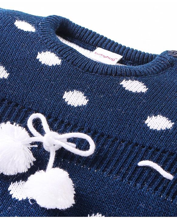Babyhug Knitted Full Sleeves Pullover Sweater with Polka Dots Design & Pom Pom Applique - Navy Blue