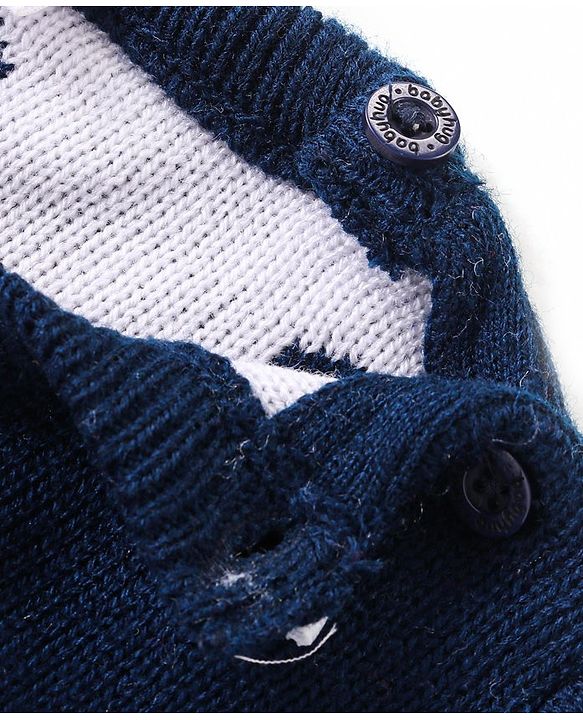 Babyhug Knitted Full Sleeves Pullover Sweater with Polka Dots Design & Pom Pom Applique - Navy Blue