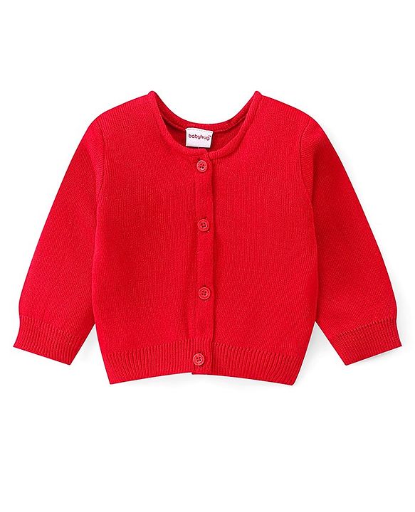 Babyhug Knitted Full Sleeves Front Open Solid Colour Sweater - Red