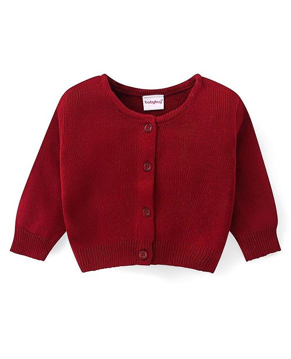 Babyhug Knitted Full Sleeves Front Open Solid Colour Sweater - Maroon