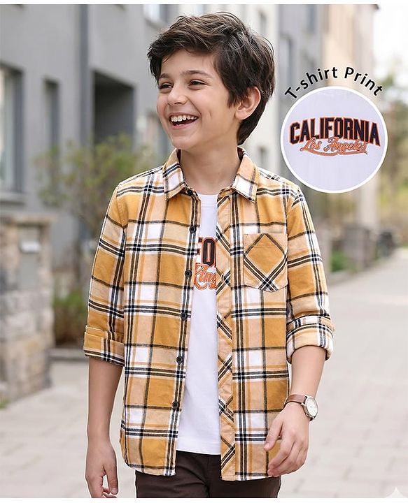 Pine Kids Cotton Woven Full Sleeves  Checked Shirt with Text Print T-Shirt-  Yellow
