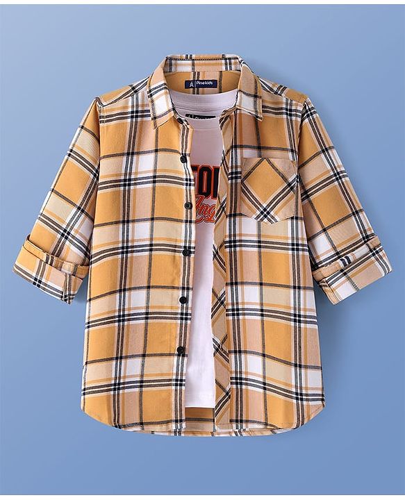 Pine Kids Cotton Woven Full Sleeves  Checked Shirt with Text Print T-Shirt-  Yellow
