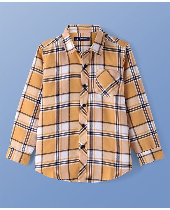 Pine Kids Cotton Woven Full Sleeves  Checked Shirt with Text Print T-Shirt-  Yellow