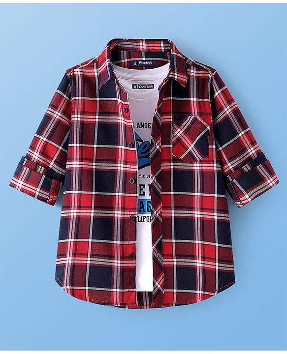 Pine Kids Cotton Woven Full Sleeves Checked Shirt with Text Print T-Shirt- Red