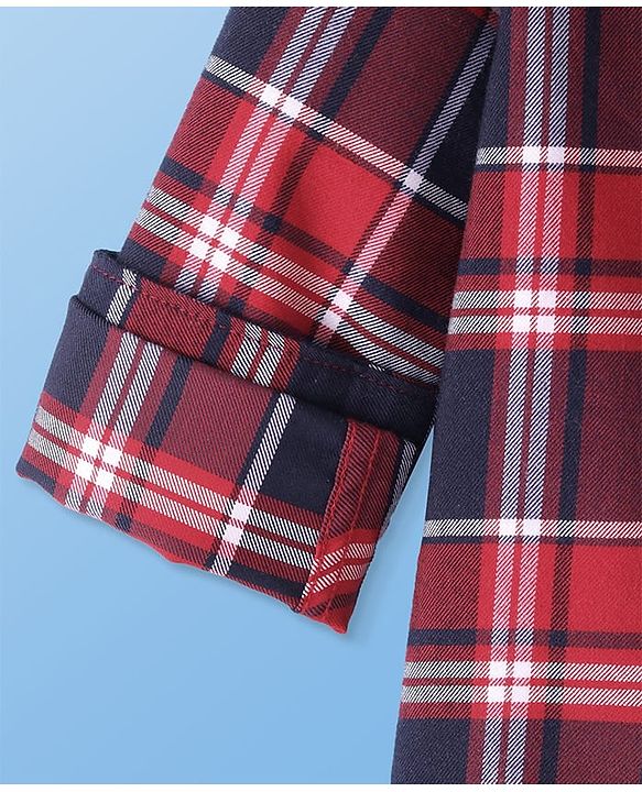 Pine Kids Cotton Woven Full Sleeves Checked Shirt with Text Print T-Shirt- Red