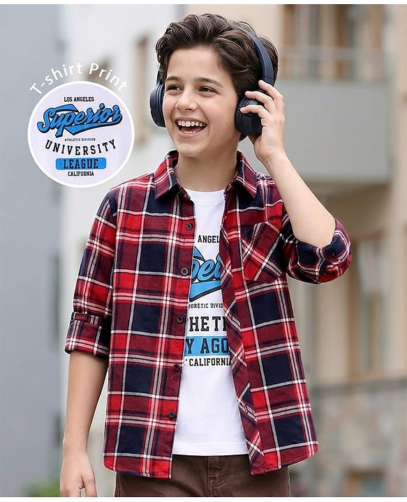 Pine Kids Cotton Woven Full Sleeves Checked Shirt with Text Print T-Shirt- Red