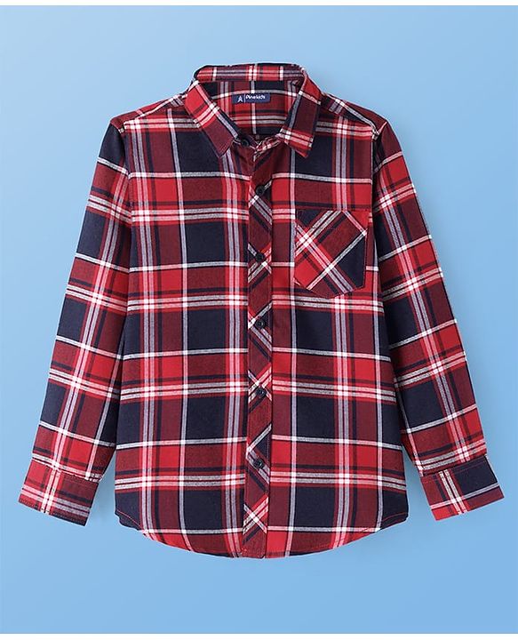 Pine Kids Cotton Woven Full Sleeves Checked Shirt with Text Print T-Shirt- Red