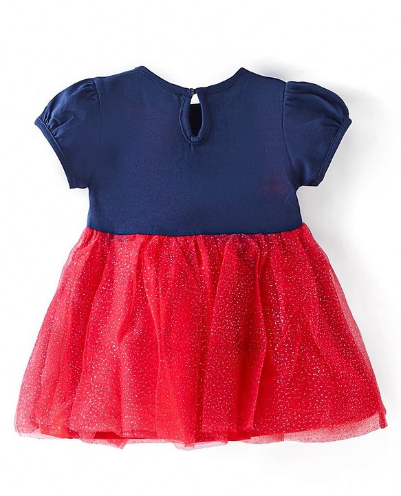 Babyhug Knitted Half Puff Sleeves Frock with Text Embroidery & Glitter Detailing - Blue & Red