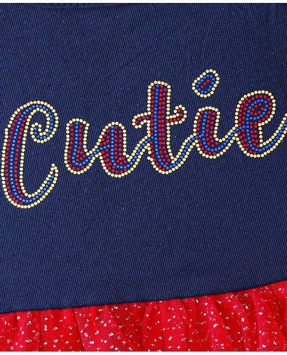 Babyhug Knitted Half Puff Sleeves Frock with Text Embroidery & Glitter Detailing - Blue & Red