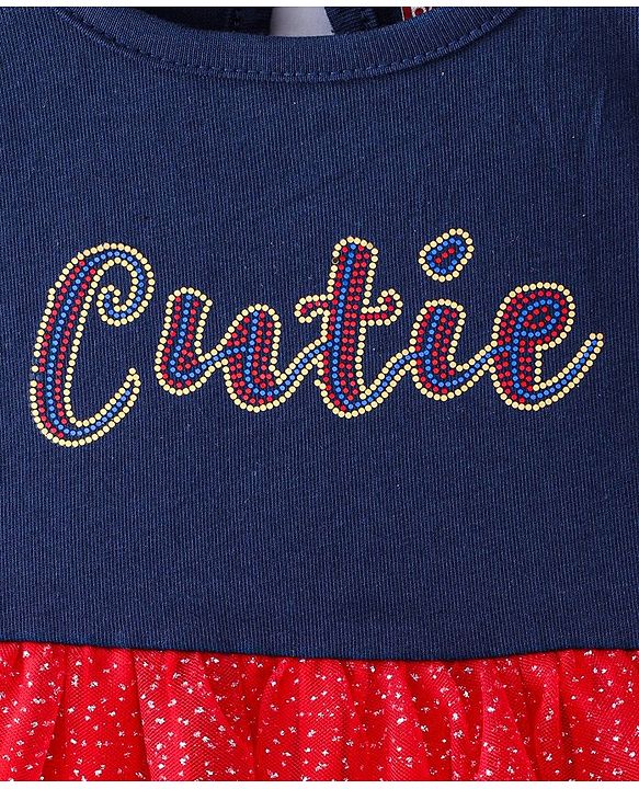 Babyhug Knitted Half Puff Sleeves Frock with Text Embroidery & Glitter Detailing - Blue & Red