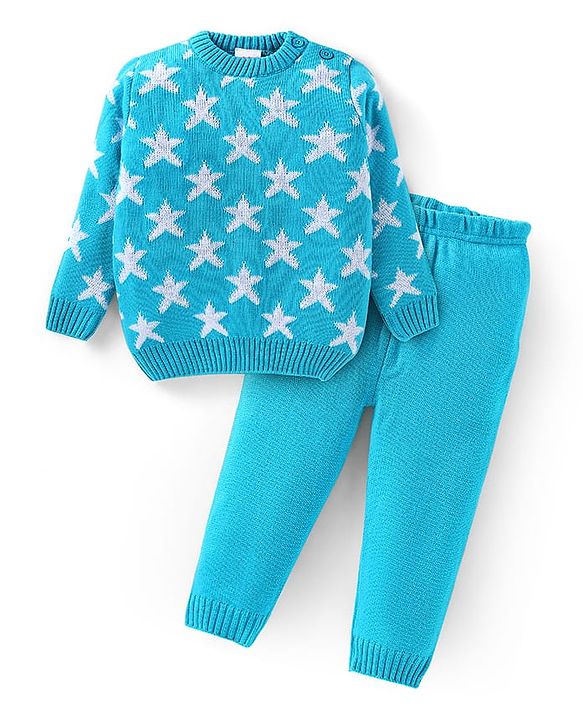 Babyhug Knitted Full Sleeves Star Designed Sweater Set - Light Blue