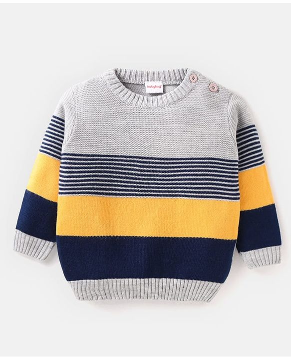 Babyhug Knitted Full Sleeves Colour Block Sweater Set with Striped Design  - Navy Blue Grey & Yellow