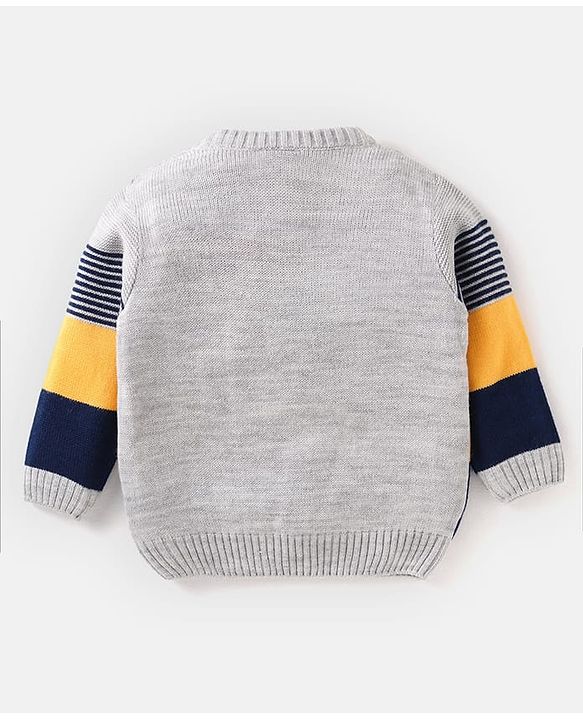 Babyhug Knitted Full Sleeves Colour Block Sweater Set with Striped Design  - Navy Blue Grey & Yellow