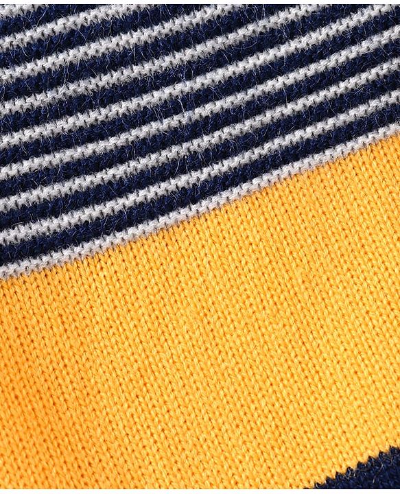 Babyhug Knitted Full Sleeves Colour Block Sweater Set with Striped Design  - Navy Blue Grey & Yellow