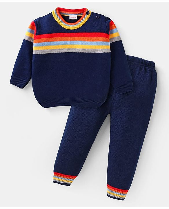 Babyhug Knitted Full Sleeves Striped Designed Pullover  Sweater Set - Navy Blue Red & Yellow
