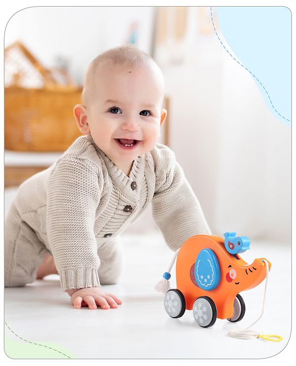 Babyhug Premium Battery Operated Elephant Pull Along Toy With Music & Lights - Orange