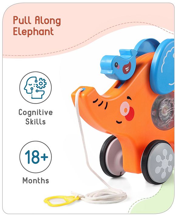 Babyhug Premium Battery Operated Elephant Pull Along Toy With Music & Lights - Orange
