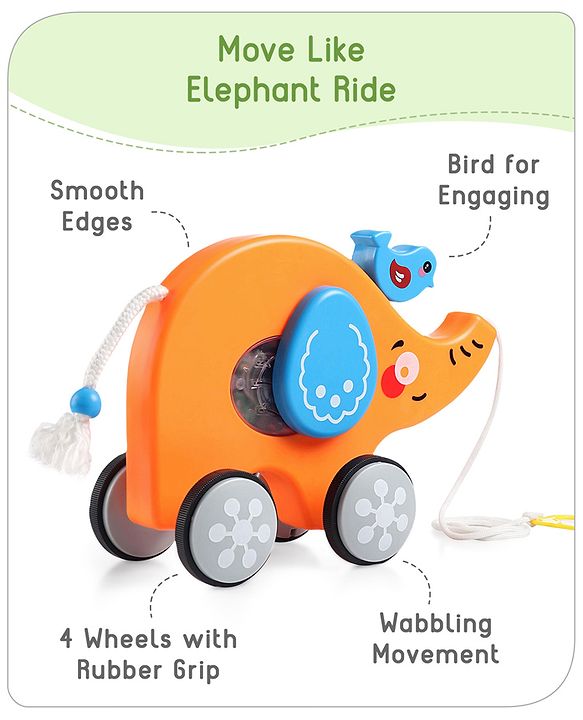 Babyhug Premium Battery Operated Elephant Pull Along Toy With Music & Lights - Orange