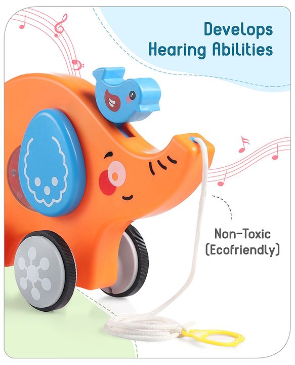 Babyhug Premium Battery Operated Elephant Pull Along Toy With Music & Lights - Orange