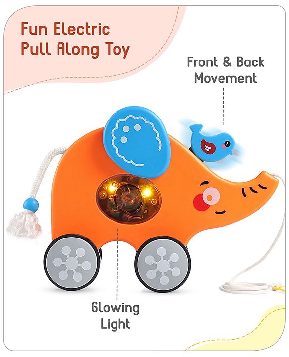 Babyhug Premium Battery Operated Elephant Pull Along Toy With Music & Lights - Orange