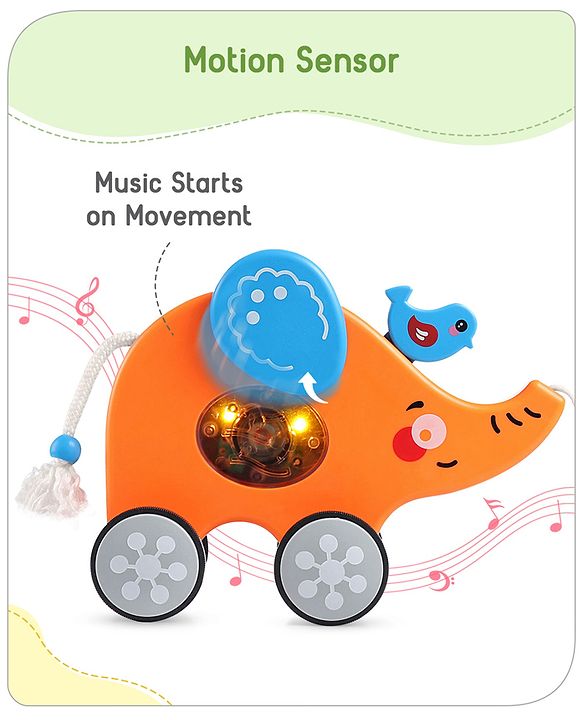 Babyhug Premium Battery Operated Elephant Pull Along Toy With Music & Lights - Orange