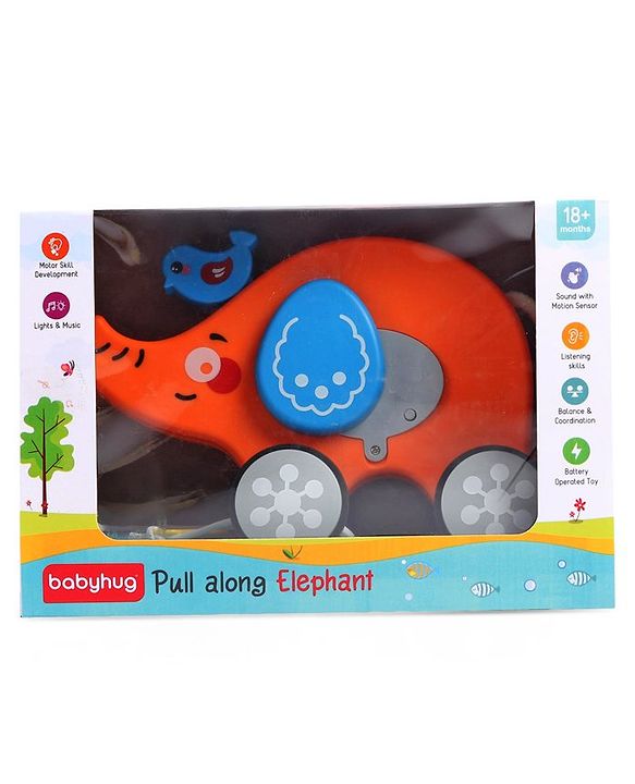 Babyhug Premium Battery Operated Elephant Pull Along Toy With Music & Lights - Orange