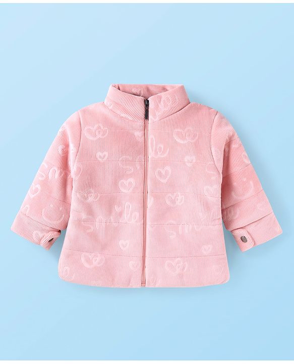 Babyhug Woven Full Sleeves Winter Jacket with Text Print - Pink