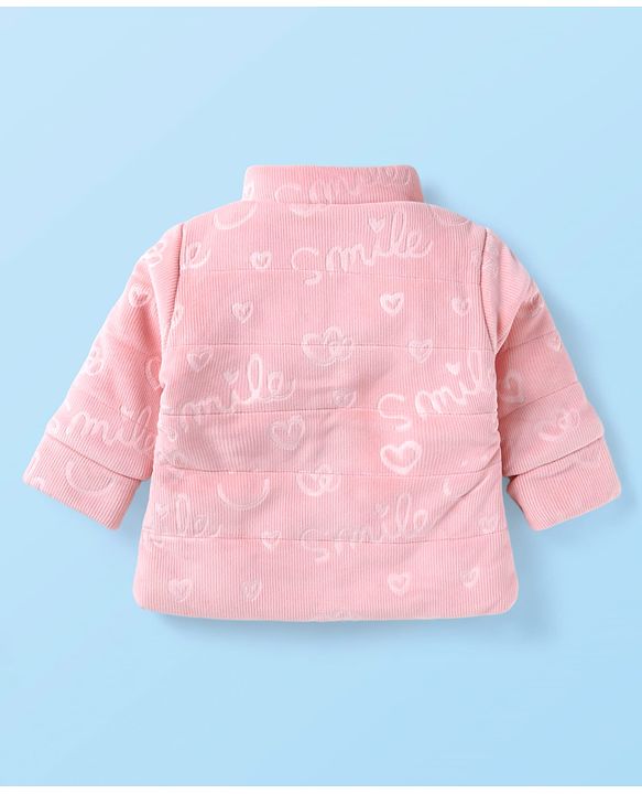 Babyhug Woven Full Sleeves Winter Jacket with Text Print - Pink
