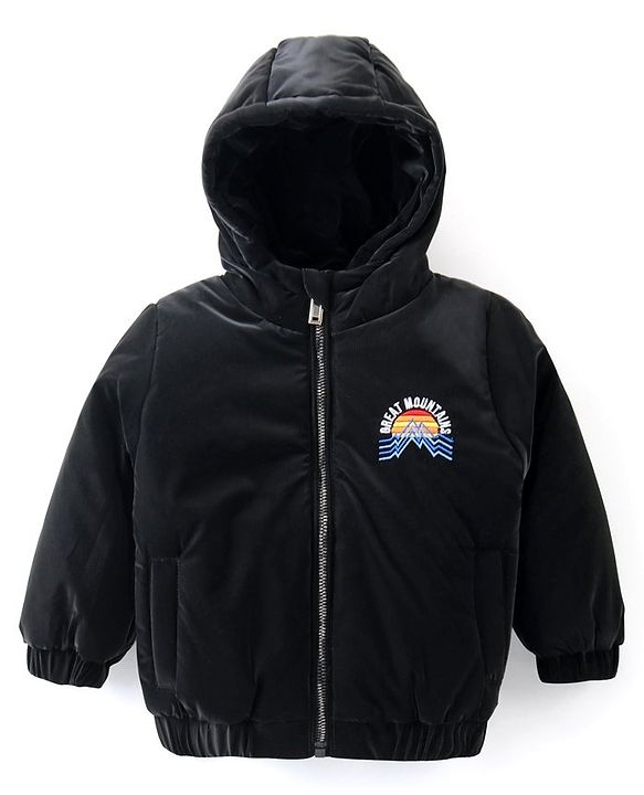 Babyhug Full Sleeves Hooded Jacket with Mountains Embroidery - Black