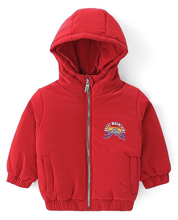 Babyhug Woven Full Sleeves Padded Hooded Jacket with Mountains Embroidery - Red
